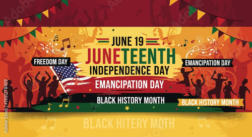  Juneteenth Independence Day Background. Black History Month. Freedom or Emancipation day. Annual American holiday June 19 poster. Horizontal banner vector illustration
