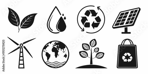 Symbols representing sustainability and eco-friendly practices in various forms
