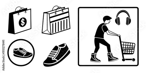 A person shopping with a basket while wearing headphones and sneakers.