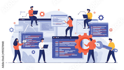 Software development team works together to build, code, and optimize a complex digital user interface and system.