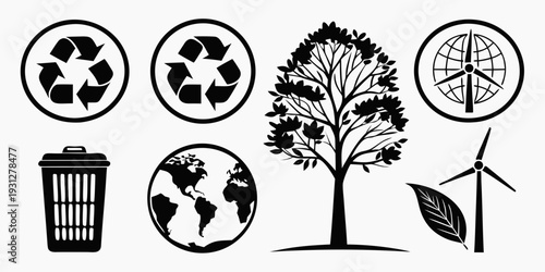 Eco-friendly icons representing recycling, sustainability, and environmental awareness.