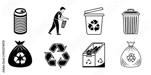 Illustrations of various recycling and waste management symbols and activities