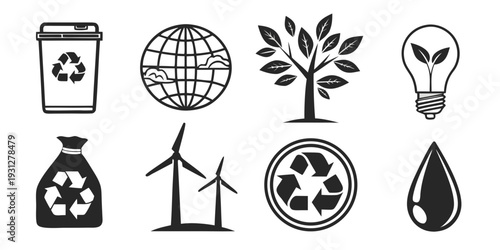 Icons representing sustainable energy, recycling, and environmental conservation.