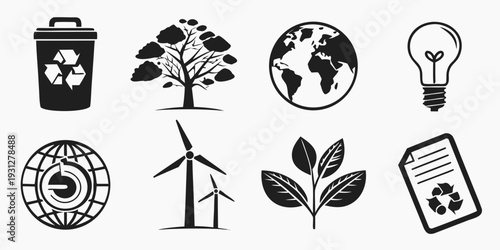 Icons representing various aspects of environmental sustainability and eco-friendliness