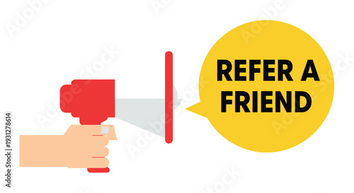 Illustration of a red megaphone with a hand and refer a friend text
