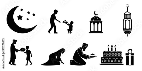 Illustrations depicting various aspects of eid celebration and traditions