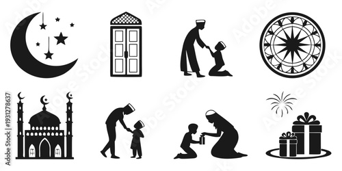 Symbols of different religions and beliefs in black and white icons