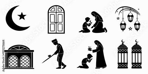 Black and white silhouettes of people and objects related to halloween