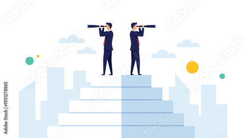 Business competitors stand on top of pyramids and use binoculars to scan the landscape for new opportunities and threats.