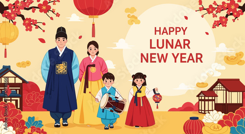 The Lunar New year banner with family in hanbok. Vector illustration (Korean Translation Happy New Year. I hope you have a healthy and happy year 