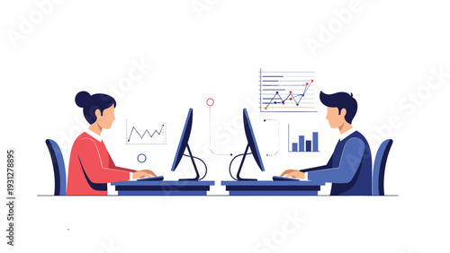 Professional coworkers analyze data and performance metrics from their respective workstations in a modern office environment.