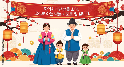 The Lunar New year banner with family in hanbok. Vector illustration (Korean Translation Happy New Year. I hope you have a healthy and happy year 