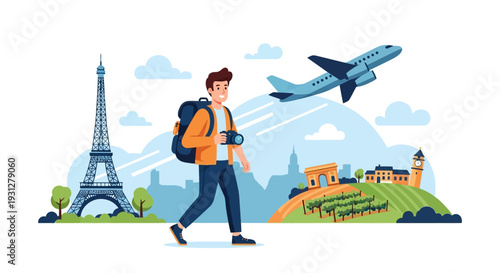 Tourism Travel Tourist Airplane Man France Europe. Travel to Paris, France concept with landmark icons, tourist characters and airplane window. Flat cartoon vector illustration