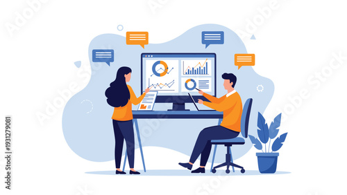 Business partners collaborate on a data-driven strategy by reviewing performance metrics on a desktop monitor and tablet.
