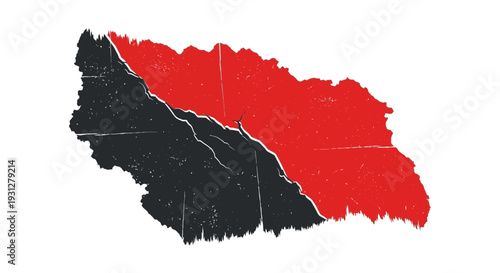 Abstract grunge map shape, red and black distressed texture, isolated on white