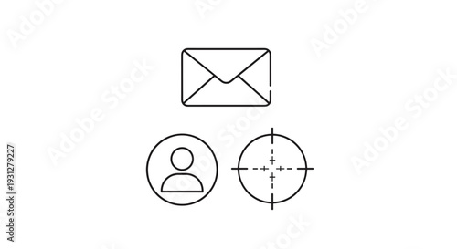 Collection of thin line icons featuring an envelope, a user profile, and a bullseye target for email marketing concepts.