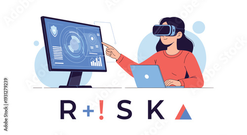 Woman wearing a virtual reality headset interacting with digital data charts above the word risk for analytics.