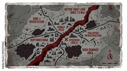 Apocalyptic map showing earthquake devastation, fault line, and damage zones.