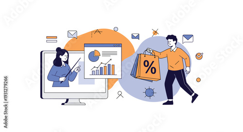 Professional woman presenting data charts on a screen as a man walks with a percentage shopping bag for marketing.