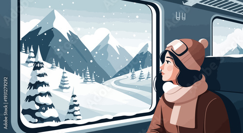 Winter Travel Through Snowy Mountains A Serene Vector Illustration of a Woman Gazing Out a Train Window 