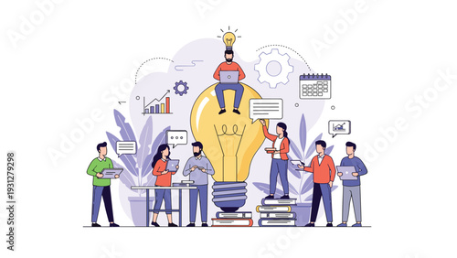 Creative team gathers around a giant lightbulb to collaborate on innovative ideas and develop new business solutions.