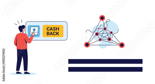 Man interacting with a digital cashback interface next to a complex network diagram for advanced financial technologies.