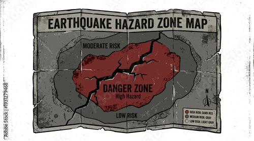 Earthquake hazard zone map with cracked ground and danger areas.
