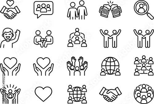 Community support and friendship line icons set featuring teamwork, partnership handshake, global networking, social engagement, celebration, and love care symbols