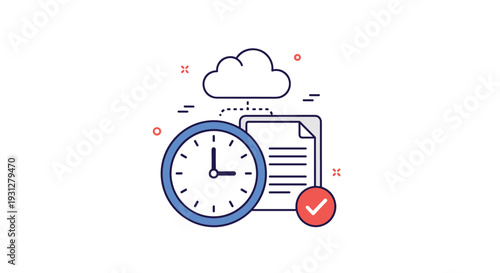Icon set featuring a wall clock next to a checked document under a digital cloud for efficient time management.