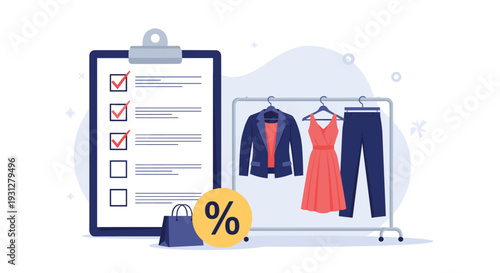 Clipboard checklist next to a clothing rack and a percentage discount shopping bag for inventory management.