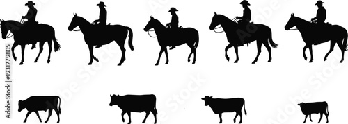 Cowboys riding horses silhouette, cattle silhouettes, western lifestyle, rural ranch scene, cowboy culture, farm animals, rustic vector art illustration