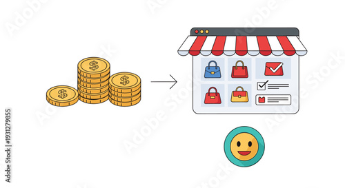 Stacks of gold coins pointing to an online shop with colorful bags and a happy emoji for satisfied customers.