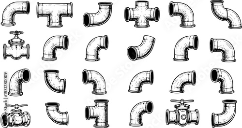 Vintage Pipe Fittings: Elbows, Tees, Valves, and Cross Connectors - Black and White Illustration