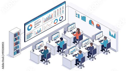 Corporate operations center features a massive wall-mounted dashboard used by a team of analysts to monitor real-time data.