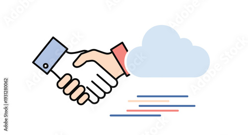 Two hands shaking in partnership next to a digital cloud for collaborative cloud computing business solutions.