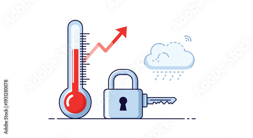 Business growth thermometer with a lock and key next to a raining cloud for climate-related risk management.