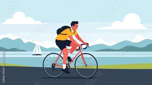 Active individual enjoys a scenic bicycle ride along the coast with a peaceful ocean and mountain landscape in the background.