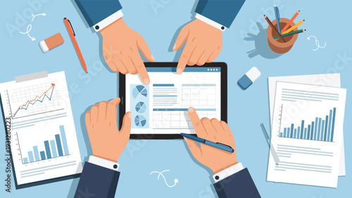 Business team collaborates on a data-driven project by reviewing financial reports and interactive charts on a tablet screen.
