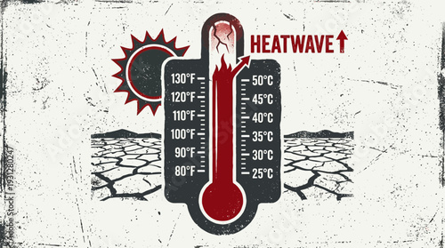 Thermometer showing extreme heatwave with cracked dry earth and hot sun.