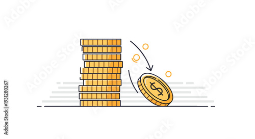 Financial loss and economic downturn illustration with stacked gold coins and one rolling away representing budget deficit or inflation.