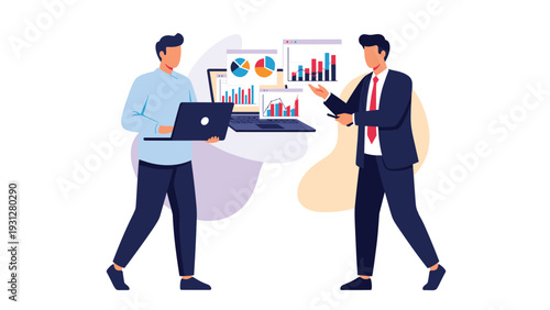 Professionals discuss market analytics and performance metrics while reviewing digital reports on a portable laptop computer.