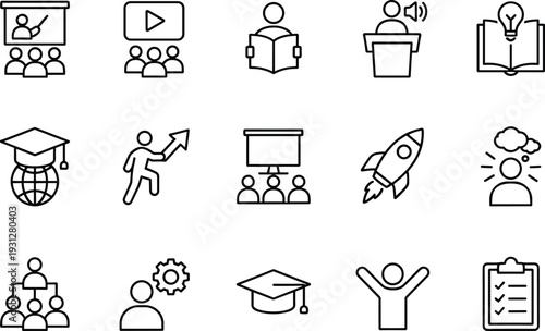 Education and e learning line icons set featuring online course, graduation, presentation, leadership, startup growth and knowledge development concepts