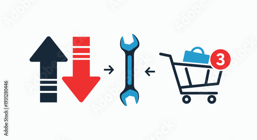 Service maintenance and business support optimization concept showing tools and commerce icons for repair and technical upgrades.
