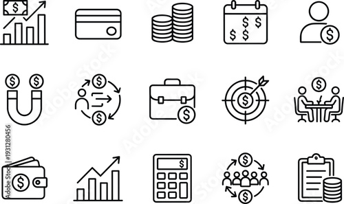 Finance and investment line icons set featuring money growth, credit card, target profit, banking, calculator and business revenue concepts