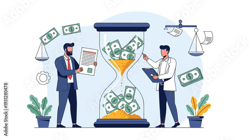 Financial consultants discuss investment strategies and time-value calculations near a giant hourglass overflowing with cash.