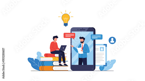 Knowledgeable person sits on a stack of books while using a laptop to participate in a mobile learning session on a smartphone.