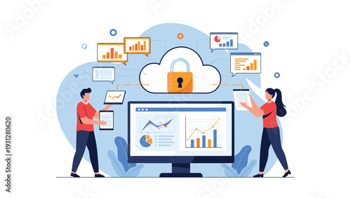 Small team of professionals manages secure cloud data and analyzes financial charts on a large monitor to ensure business growth.