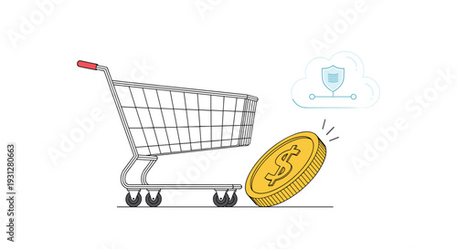 Secure online payment and financial protection for e-commerce transactions showing a shopping cart and digital currency cloud safety.