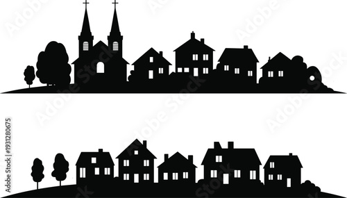Village townscape silhouettes, church steeple houses, residential neighborhood, rural community illustration, cultural architecture, small town design, countryside landscape art