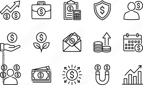 Financial investment and money management line icons set featuring income growth, savings protection, tax planning, payroll, and profit generation